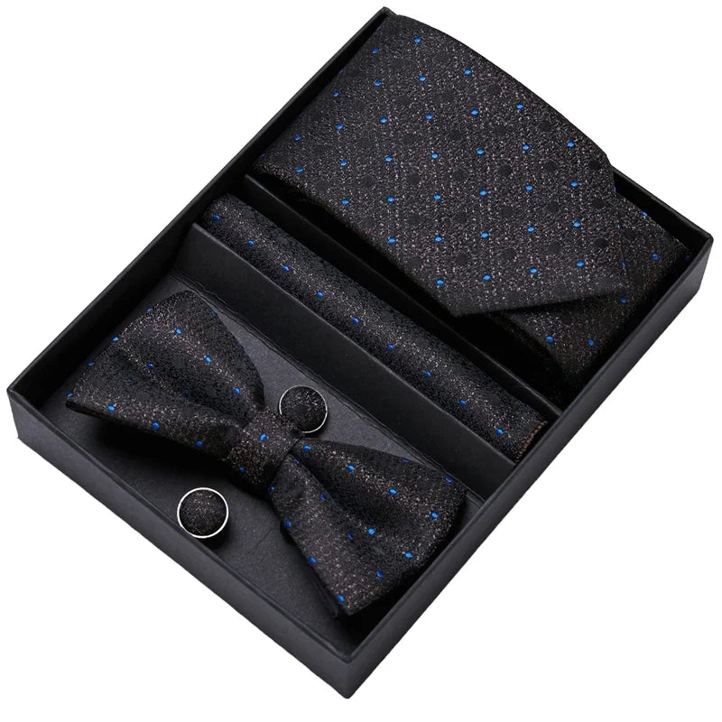Black and Blue Tie, Bow Tie, Pocket Square and Cuff Links Gift Set