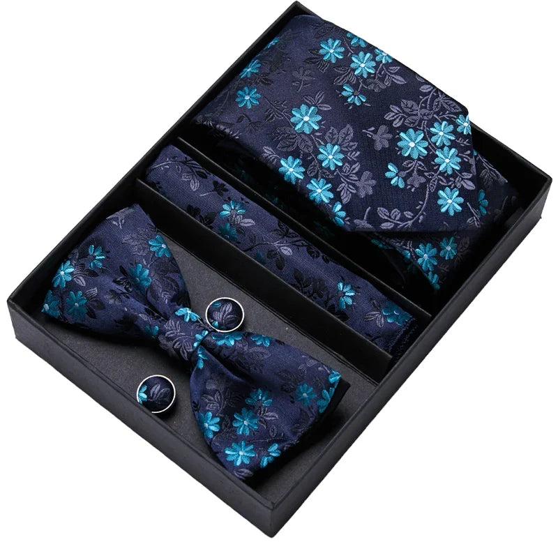 Blue Floral Design Tie, Bow Tie, Pocket Square and Cuff Links Gift Set