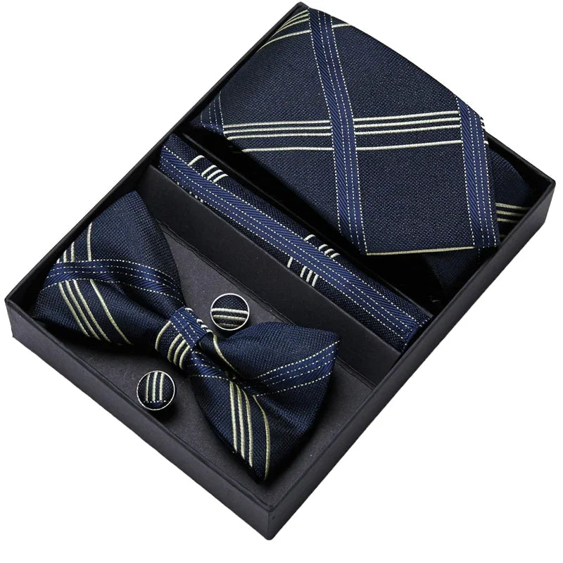 Blue and White Striped Tie, Bow Tie, Pocket Square and Cuff Links Gift Set