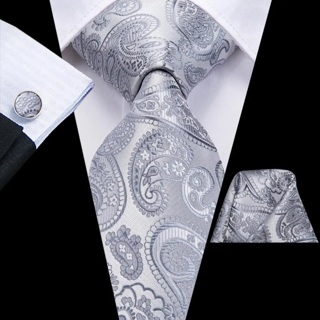 Gray Paisley Tie With Matching Cuff Links and Pocket Square