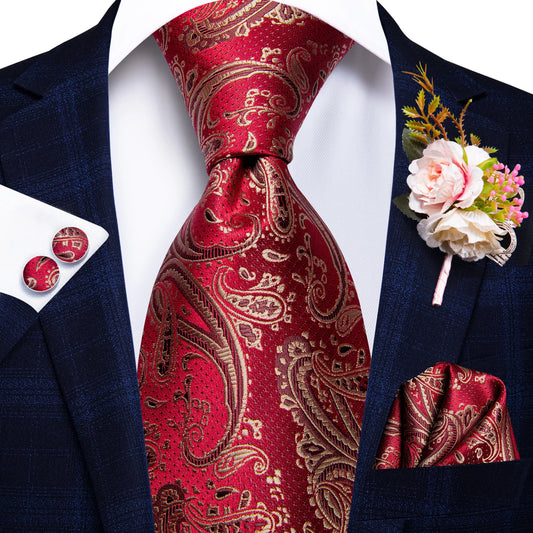 red paisley style silk tie jacquard woven silk with matching pocket square and cufflinks