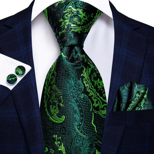 green paisley style silk tie jacquard woven silk with matching pocket square and cufflinks