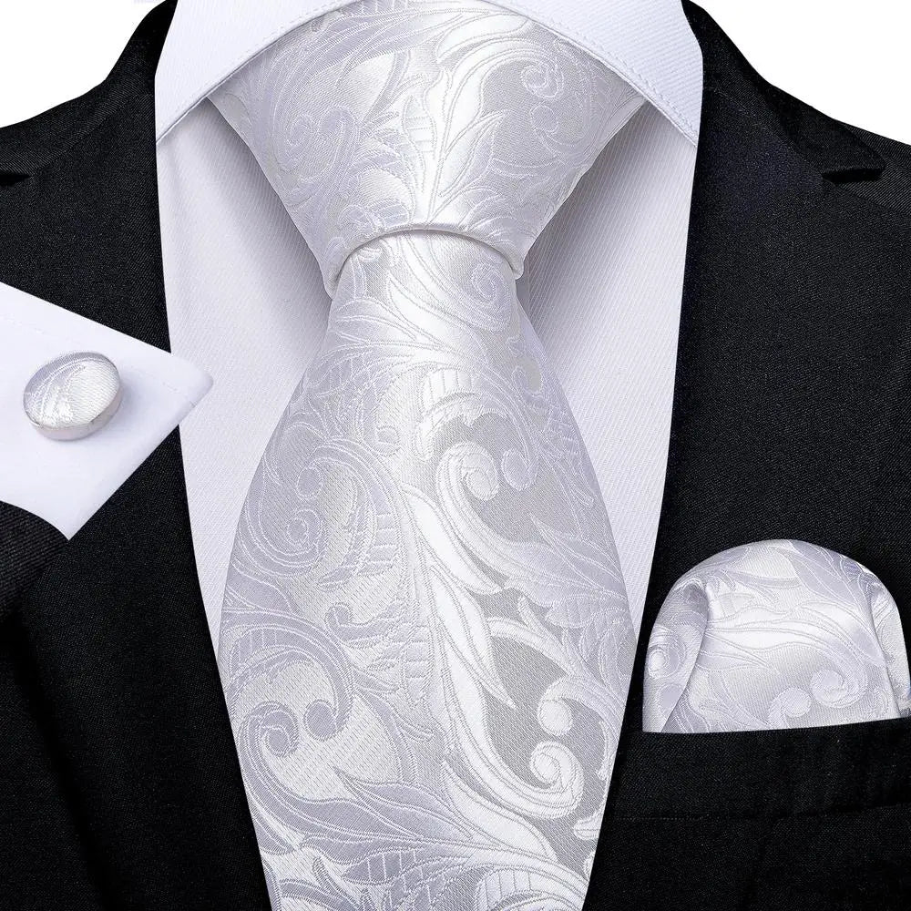 white paisley style silk tie jacquard woven silk with matching pocket square and cufflinks