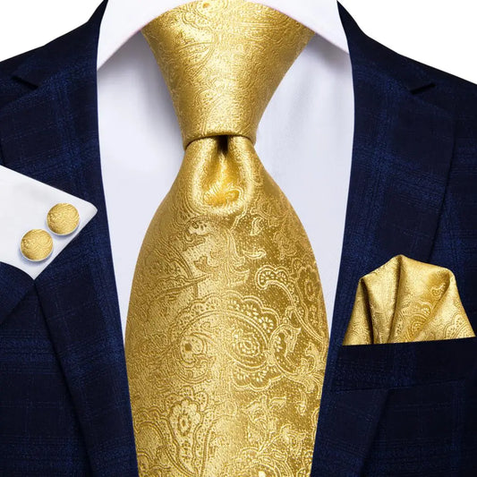 gold paisley style silk tie jacquard woven silk with matching pocket square and cufflinks