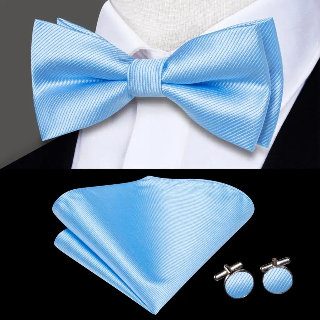 Plain Light Blue Textured Bow Tie With Matching Cuff Links and Pocket Square