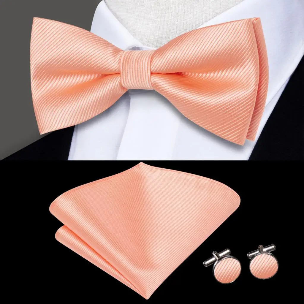 Plain Pink Textured Design Bow Tie With Matching Cuff Links and Pocket Square