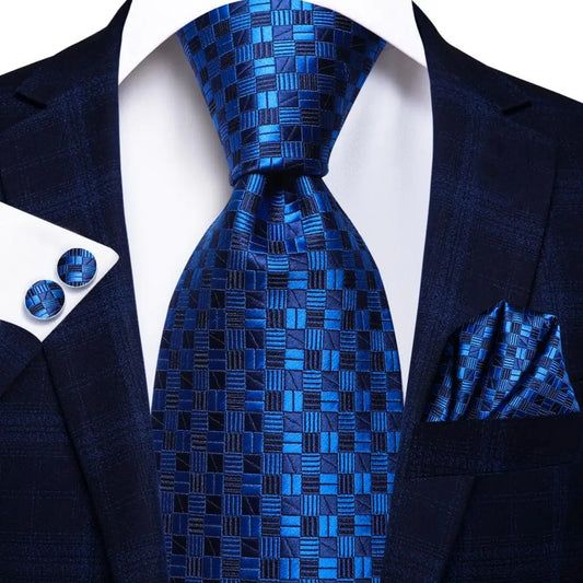 blue plaid style silk tie jacquard woven silk with matching pocket square and cufflinks