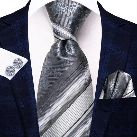 grey striped style silk tie jacquard woven silk with matching pocket square and cufflinks