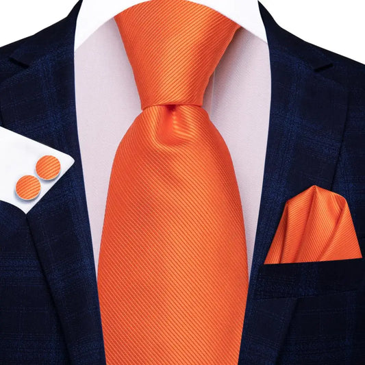 bright orange silk tie jacquard woven silk with matching pocket square and cufflinks