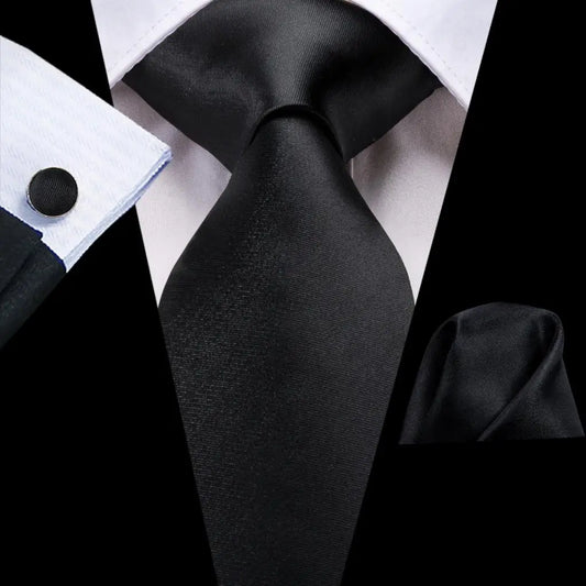 black silk tie jacquard woven silk with matching pocket square and cufflinks