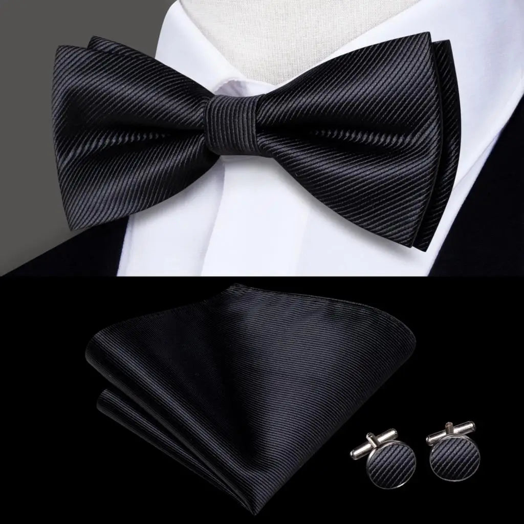 black silk bow tie jacquard woven silk with matching pocket square and cufflinks