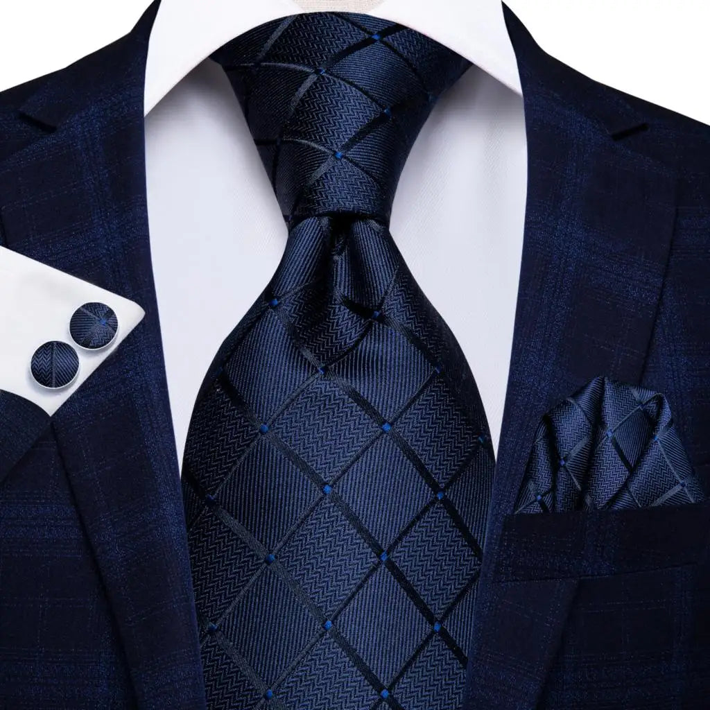 blue chequered style silk tie jacquard woven silk with matching pocket square and cufflinks