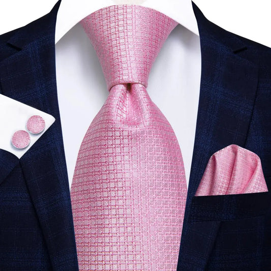 pink plaid style silk tie jacquard woven silk with matching pocket square and cufflinks