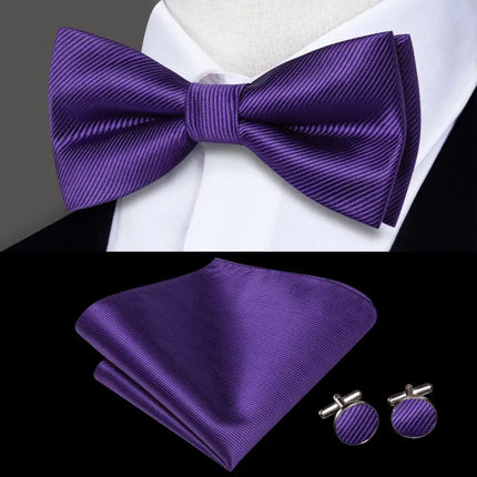 purple bow ties with matching cuff links and pocket square