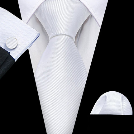 white wedding ties with cuff links and pocket square