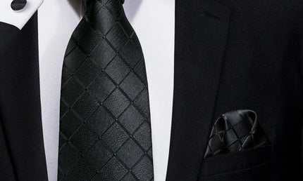 Black Check Pattern Tie With Cuff Links and Pocket Square 