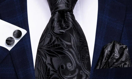 Black Floral Design Tie made from jacquard woven silk. Includes Matching Cuff Links and Pocket Square