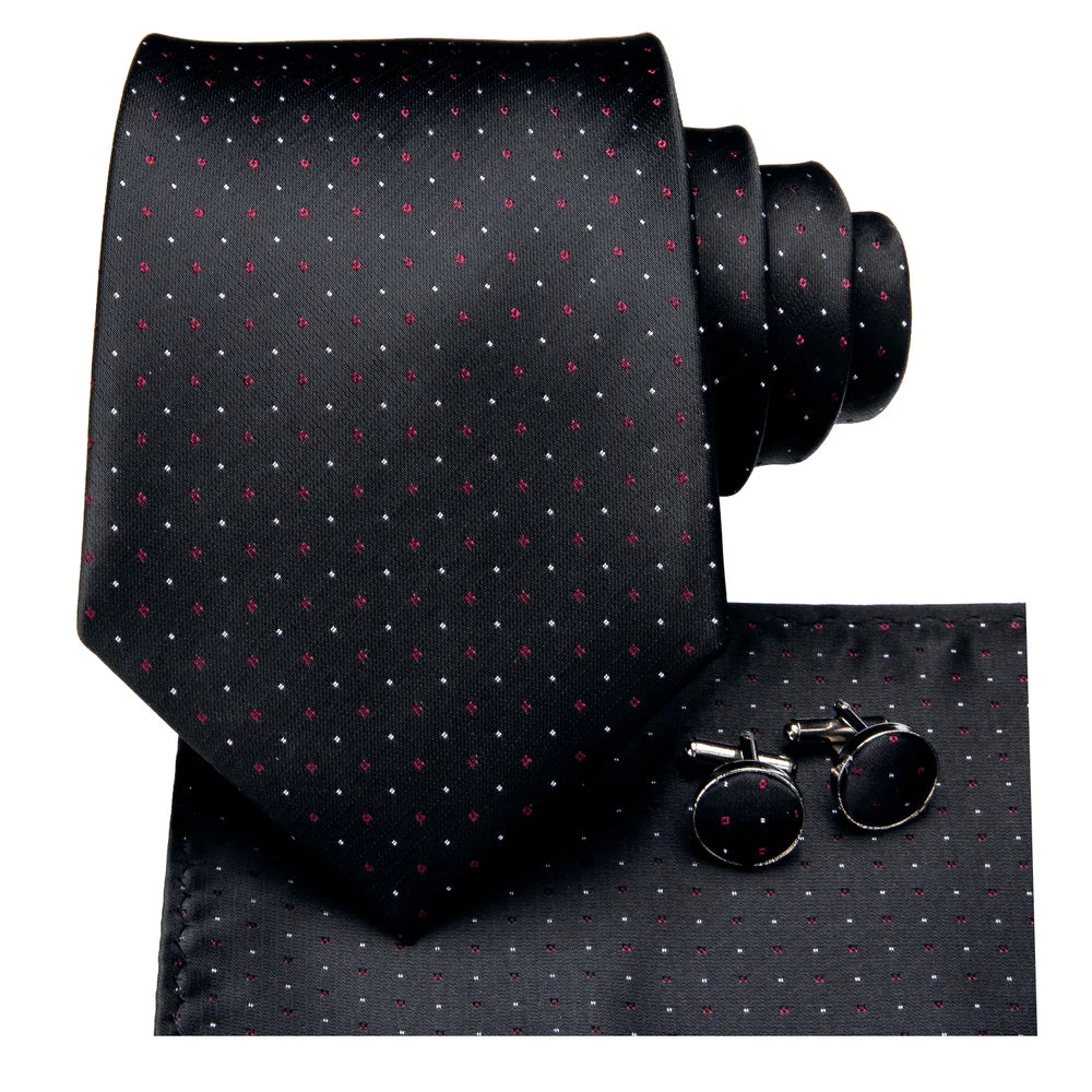 Black Silk Tie With Red and White Polka Dots with matching cufflinks and pocket square