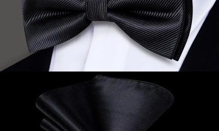 Black Textured Bow Tie With Matching Cuff Links and Pocket Square