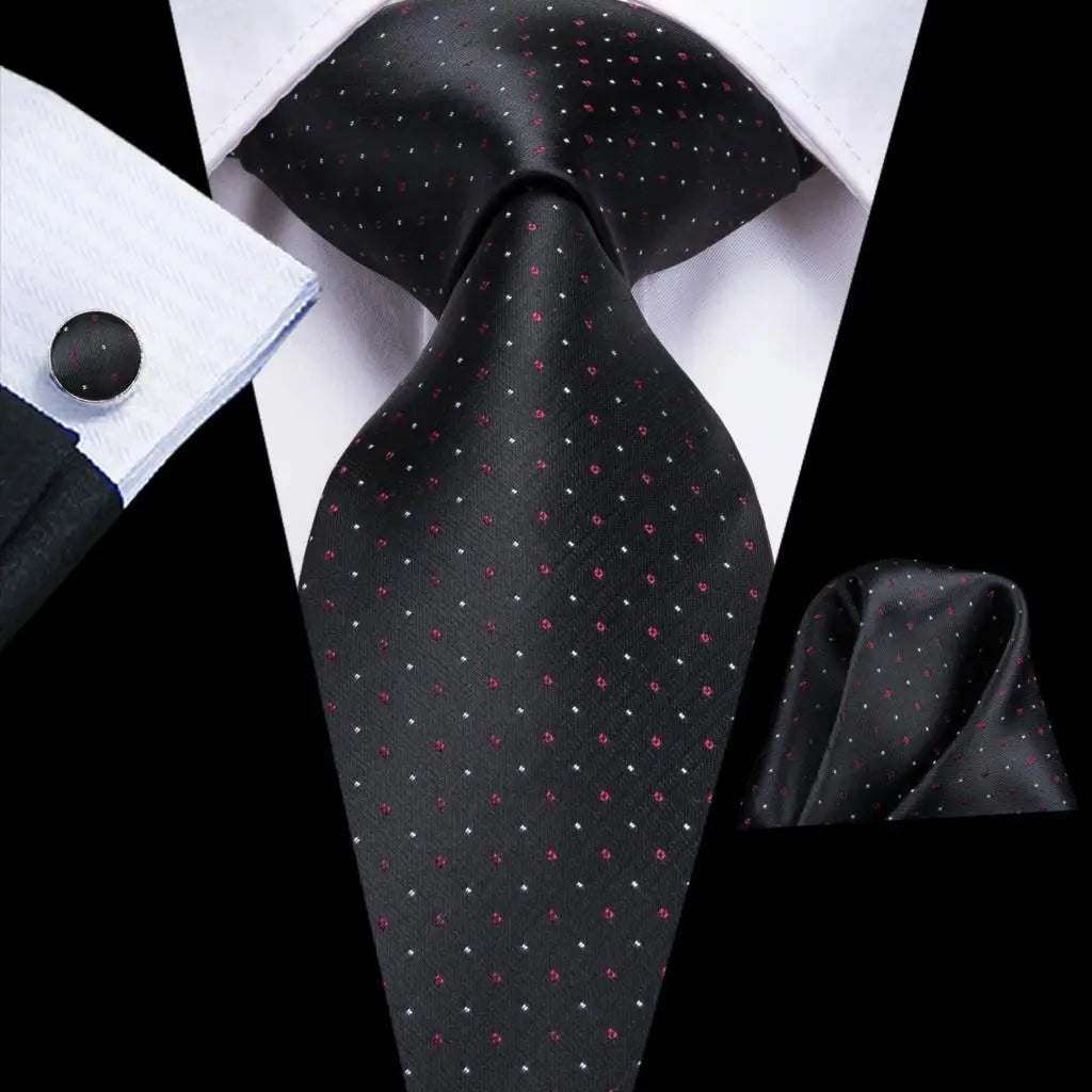 Black Tie With Red and White Polka Dots. made from jacquard woven silk and  Includes Matching Cuff Links and Pocket Square