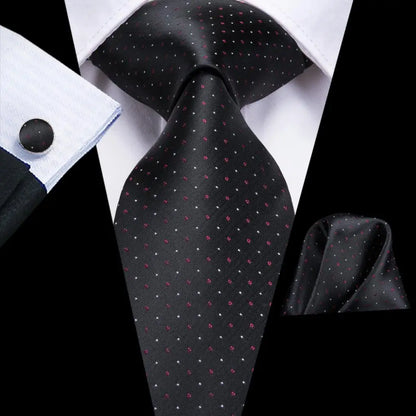 Black Tie With Red and White Polka Dots. made from jacquard woven silk and  Includes Matching Cuff Links and Pocket Square