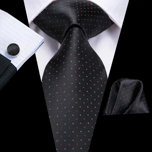 Black Tie With Red and White Polka Dots. made from jacquard woven silk and  Includes Matching Cuff Links and Pocket Square