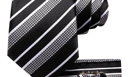 Black White and Silver striped Tie with matching cufflinks and pocket square
