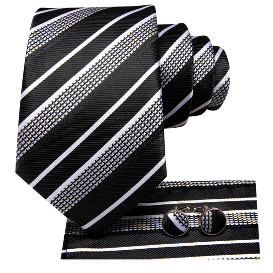 Black White and Silver striped Tie with matching cufflinks and pocket square