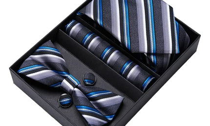 Black and Blue Striped Tie, Bow Tie, Pocket Square and Cuff Links Gift Set