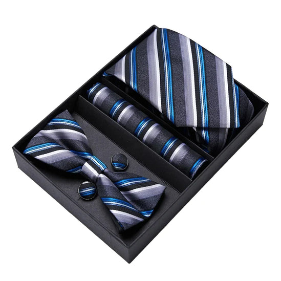 Black and Blue Striped Tie, Bow Tie, Pocket Square and Cuff Links Gift Set