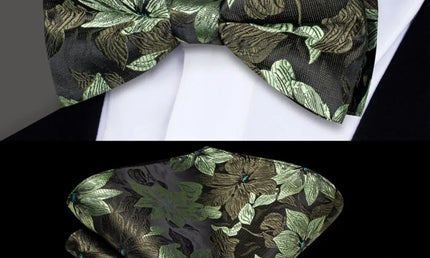 Black and Green Floral Bow Tie With Matching Cuff Links and Pocket Square