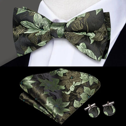 Black and Green Floral Bow Tie With Matching Cuff Links and Pocket Square