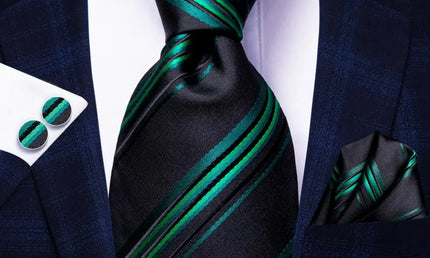 Black and Green Striped Tie With Matching Cuff Links and Pocket Square