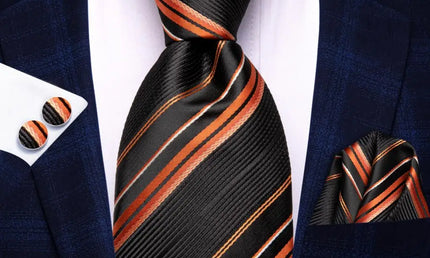 Black and Orange Striped Tie With Matching Cuff Links and Pocket Square