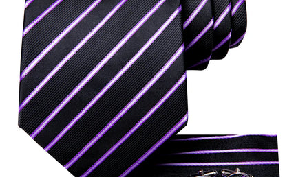 Black and Purple Striped Silk Tie with matching cufflinks and pocket square