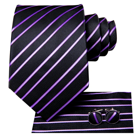 Black and Purple Striped Silk Tie with matching cufflinks and pocket square