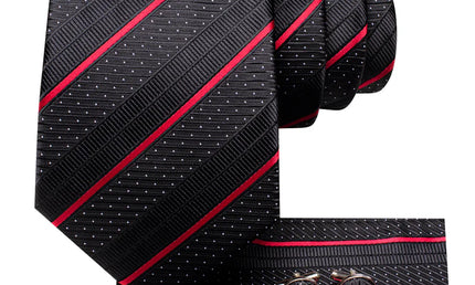 Black and Red Striped Silk Tie with matching cufflinks and pocket square