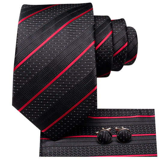 Black and Red Striped Silk Tie with matching cufflinks and pocket square