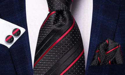 Black and Red Striped Tie made from jacquard woven silk With Matching Cuff Links and Pocket Square