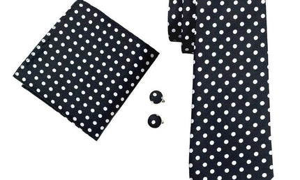 Black and Silver Polka Dot Silk Tie with matching cufflinks and pocket square