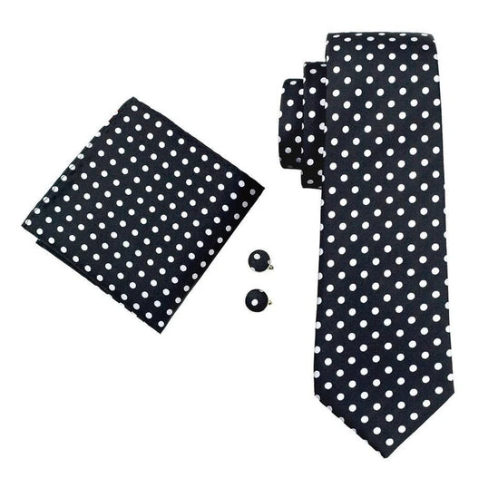 Black and Silver Polka Dot Silk Tie with matching cufflinks and pocket square