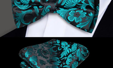 Black and Turquoise Floral Bow Tie With Matching Cuff Links and Pocket Square