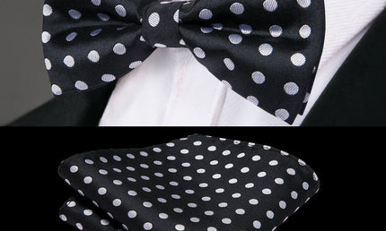 Black and White Polka Dot Bow Tie With Matching Cuff Links and Pocket Square
