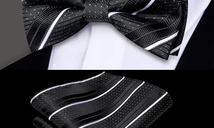 Black and White Striped Bow Tie With Matching Cuff Links and Pocket Square