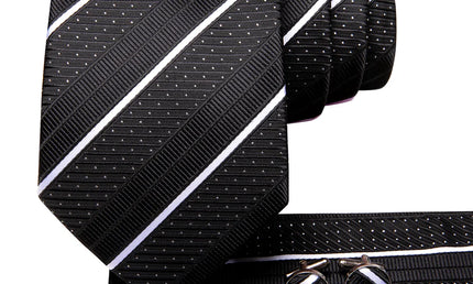 Black and White Striped Tie with matching cufflinks and pocket square