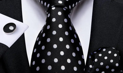 Black and silver Polka Dot Tie With Matching Cuff Links and Pocket Square