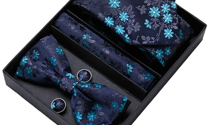 Blue Floral Design Tie, Bow Tie, Pocket Square and Cuff Links Gift Set