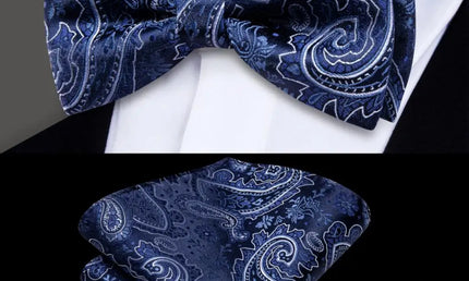 Blue Paisley Bow Tie With Matching Cuff Links and Pocket Square