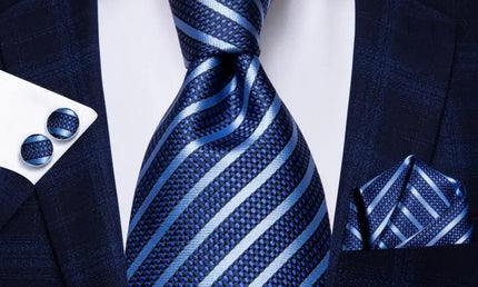 Blue Striped Tie With Matching Cuff Links and Pocket Square