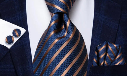 Blue and Gold Striped Tie With Matching Cuff Links and Pocket Square